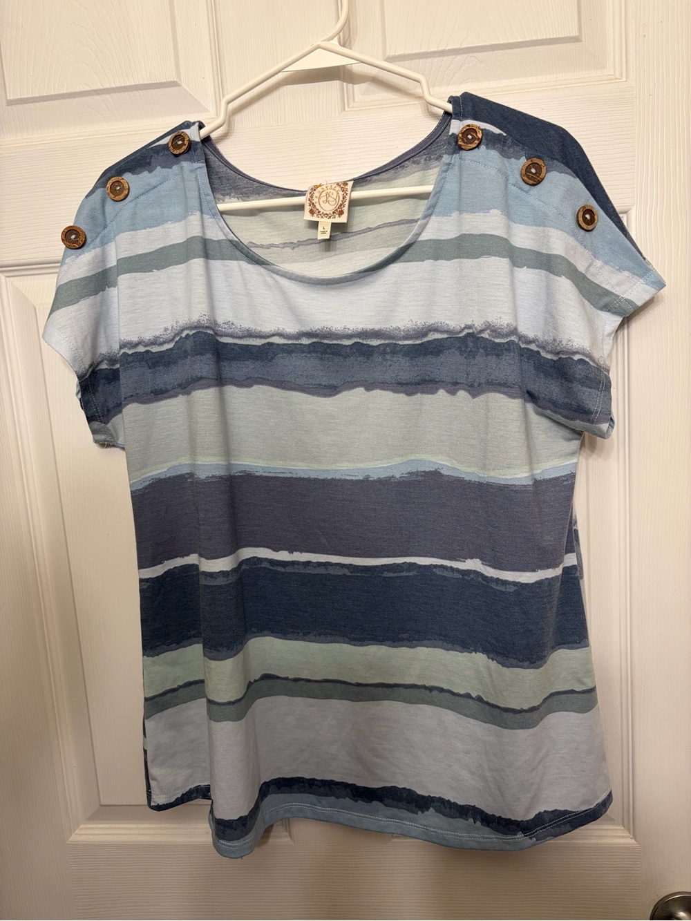 Russell Athletic Blue Striped Short Sleeve Tee with Shoulder Buttons